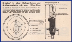 Kreislauf in einer Halogenlampe und Größenvergleich mit einer Bilux-Birne